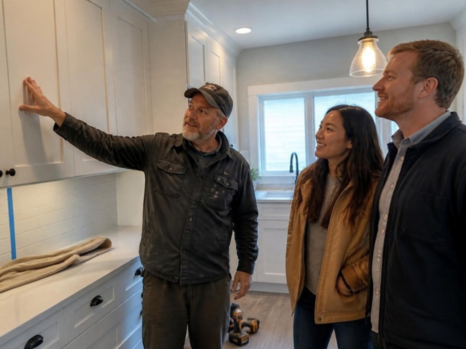 Remodeling contractor walking homeowners through their finished kitchen at the final walkthrough
