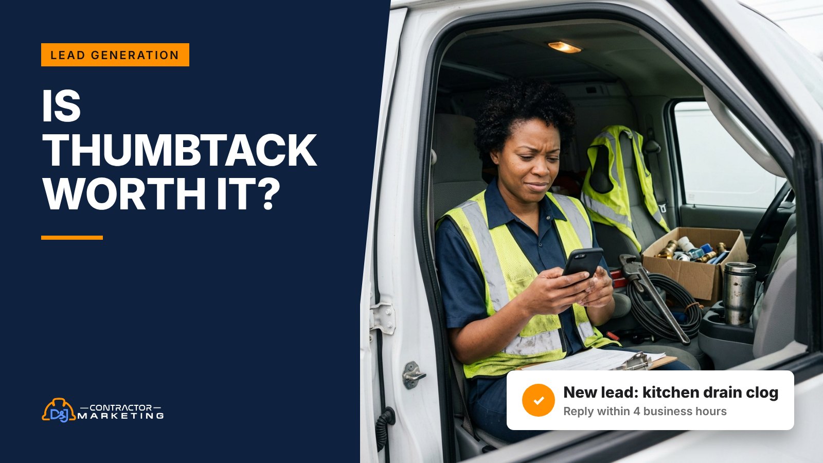 Is Thumbtack worth it: plumbing contractor checking a new lead on her phone in her work van