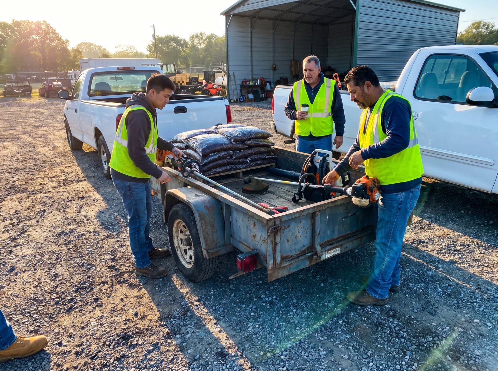 Seasonal landscaping crew loading trimmers and mulch onto a trailer at sunrise
