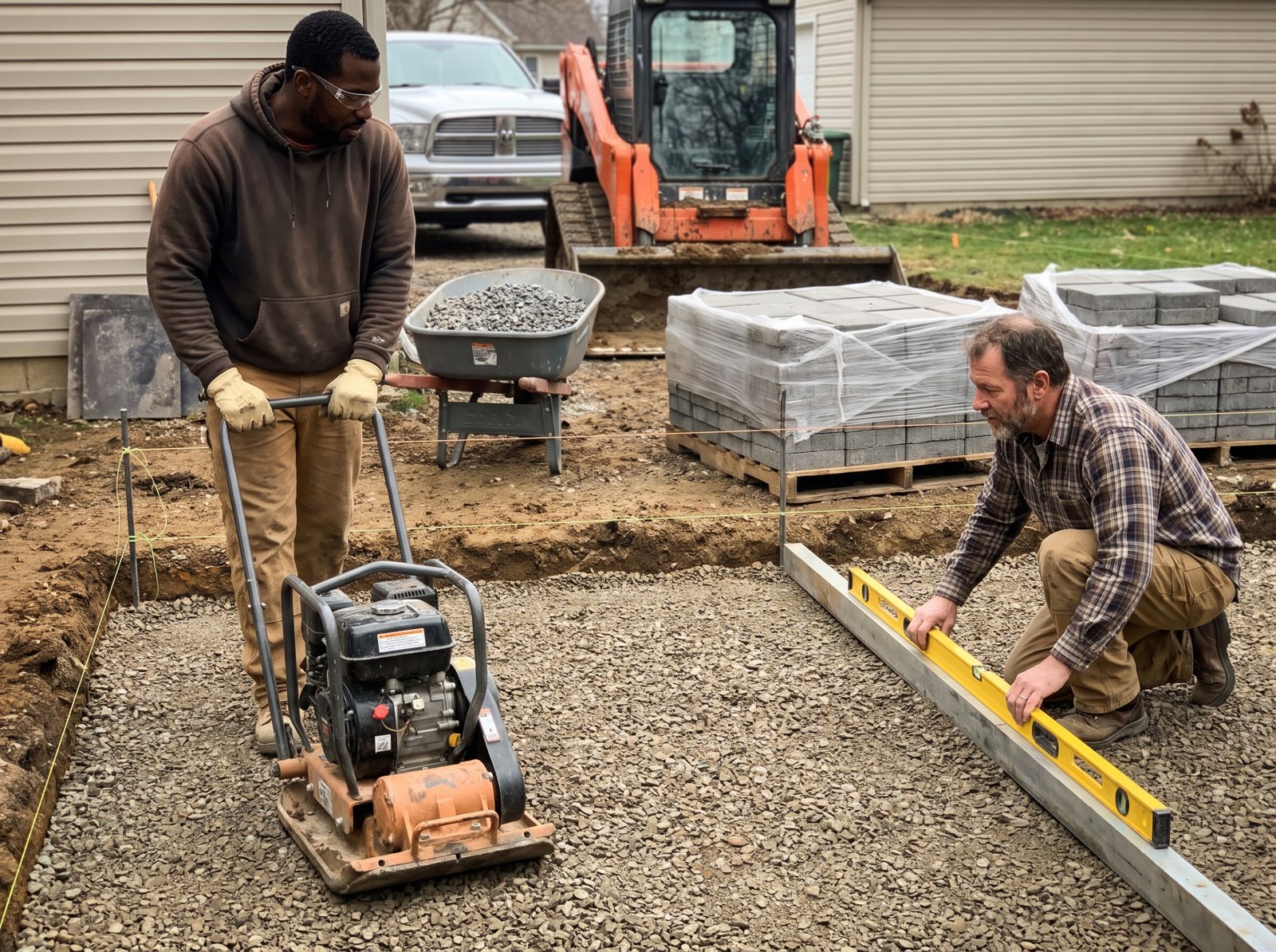 Hardscape crew compacting a gravel base and checking slope for a paver patio