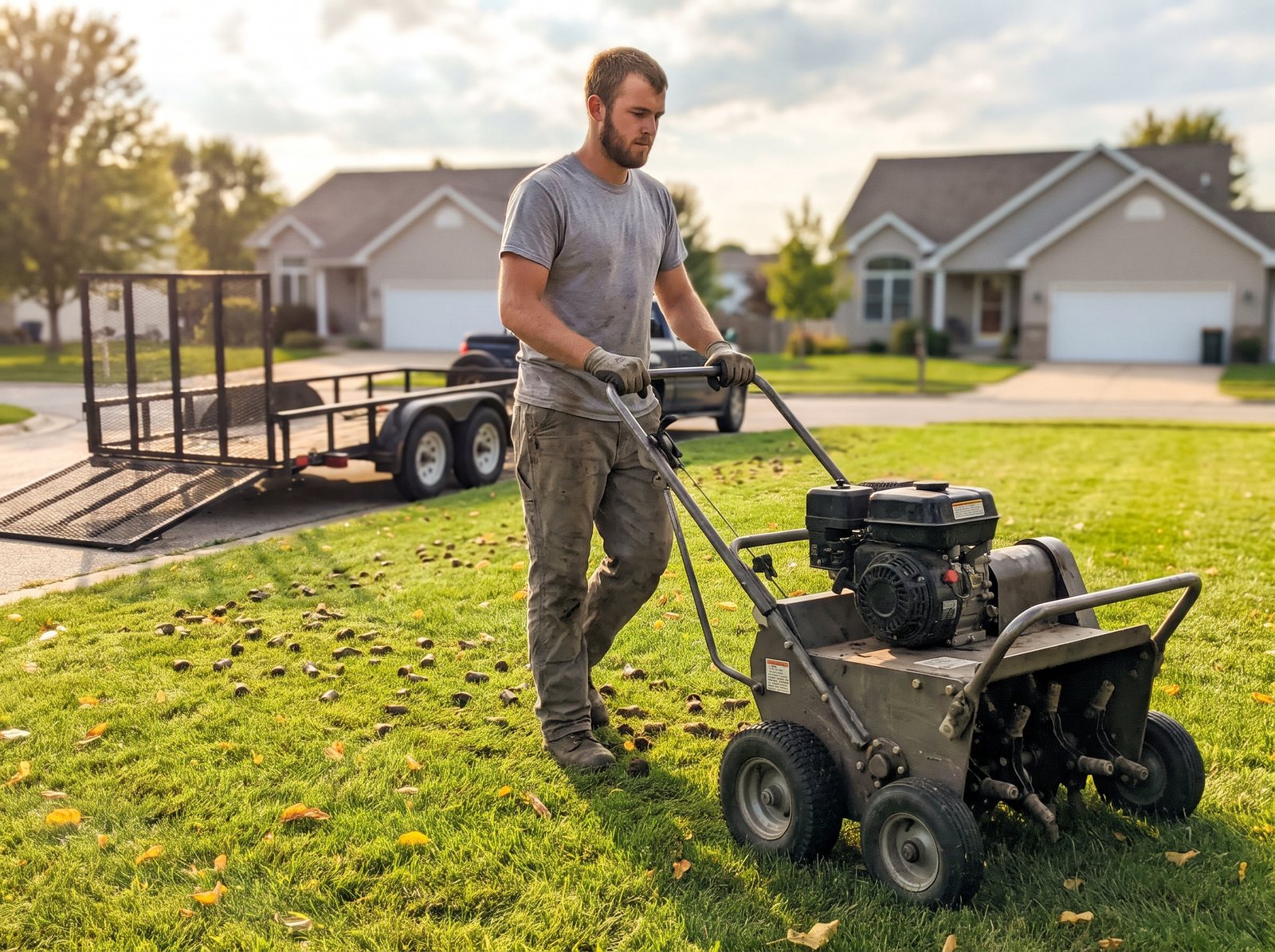 Lawn care tech running a core aerator across a front lawn in early fall