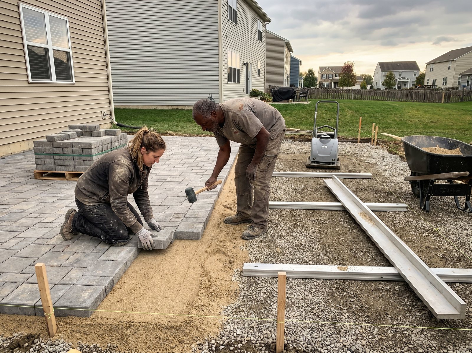 Hardscape crew setting pavers on a sand bed for a backyard patio