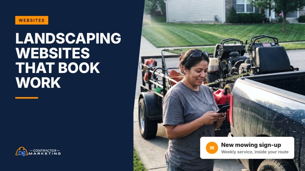 Landscaping website design: owner checking a new mowing sign-up on her phone beside a mower trailer