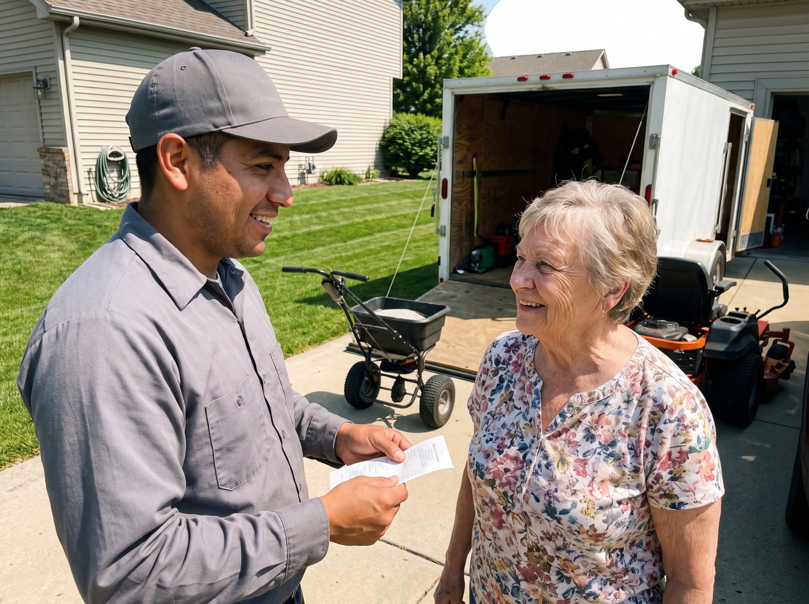 Lawn care technician handing a homeowner her service receipt in the driveway after a visit