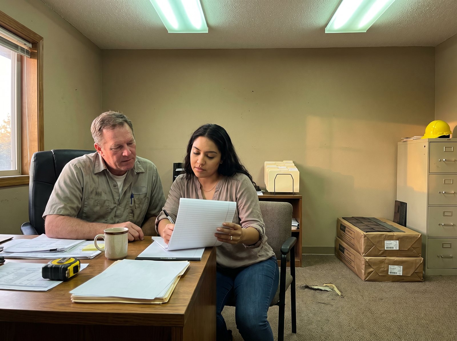 Roofing company owner and office manager working through a local SEO checklist at the office desk