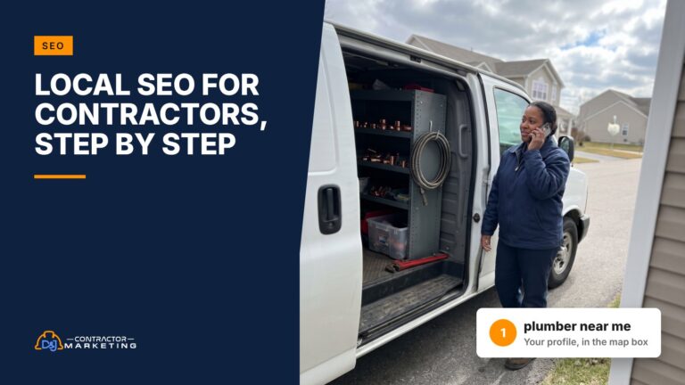 Local SEO for contractors cover: plumbing company owner on a call beside her work van
