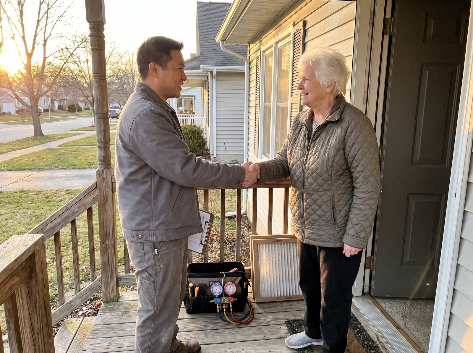 HVAC technician shaking hands with a homeowner on her porch after a furnace repair