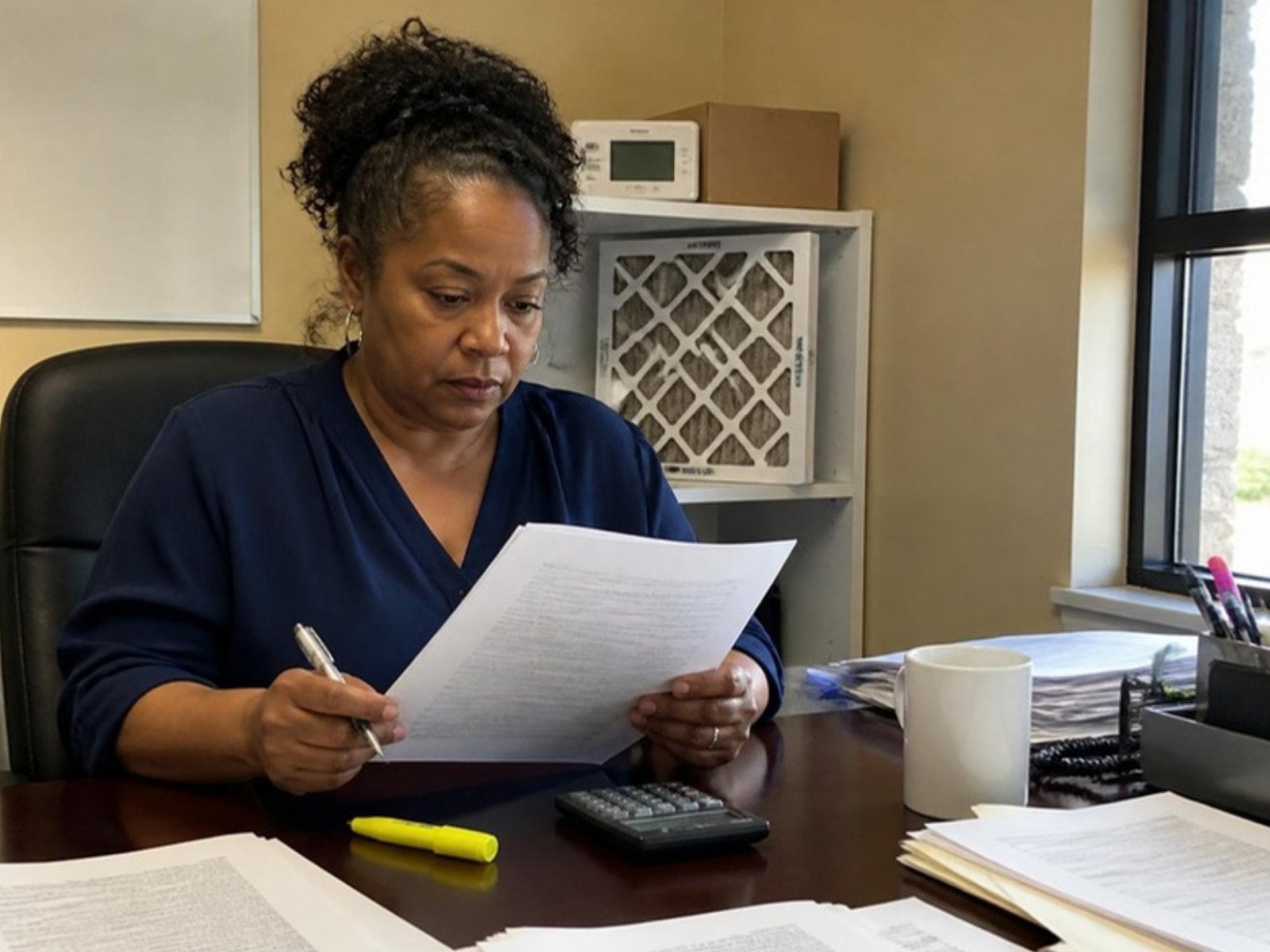 HVAC office manager reading the fine print of a lead seller contract before signing