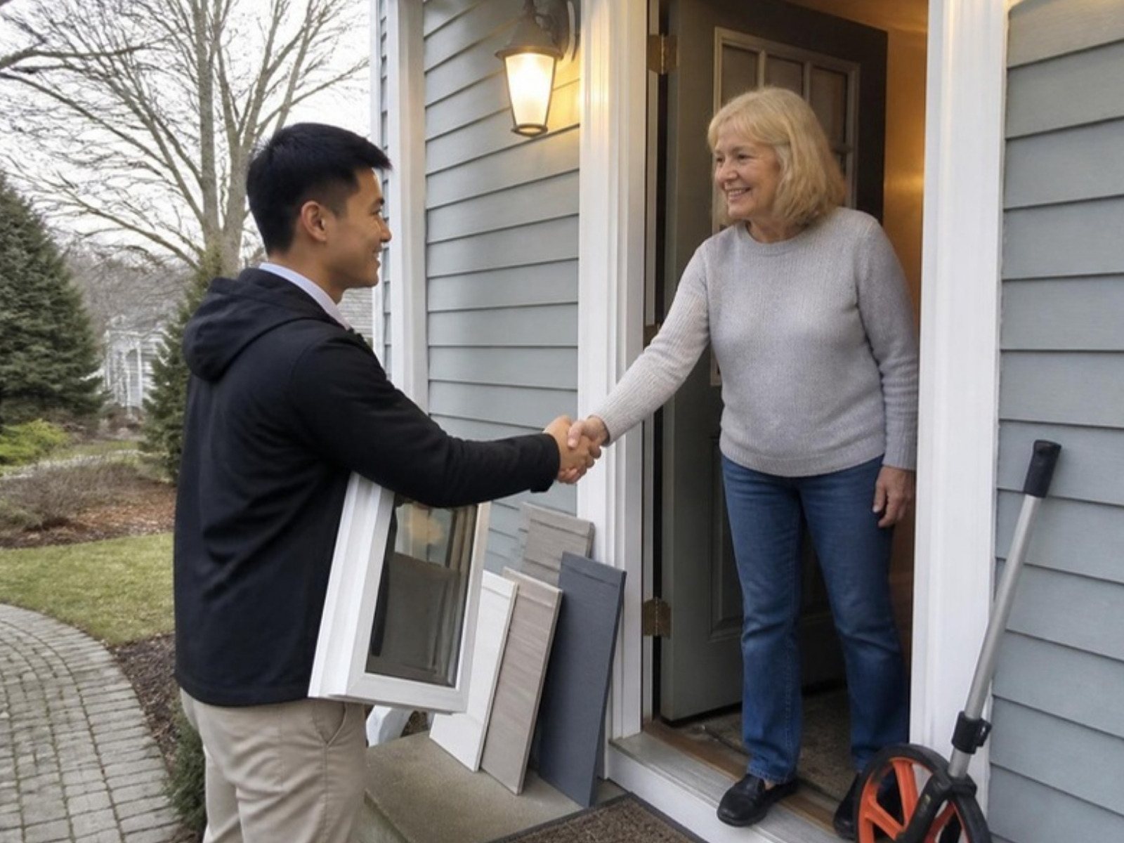Window and siding sales rep greeting a homeowner at the front door for an in-home estimate