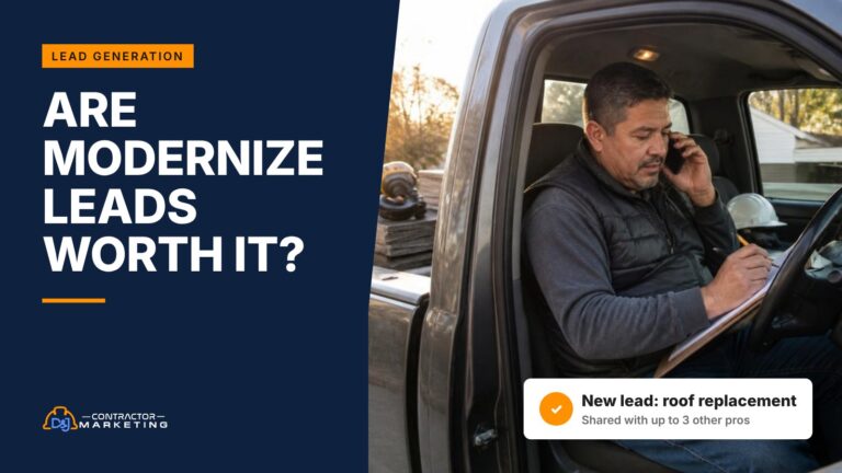 Modernize leads review: a roofing contractor in his truck calling back a shared homeowner lead