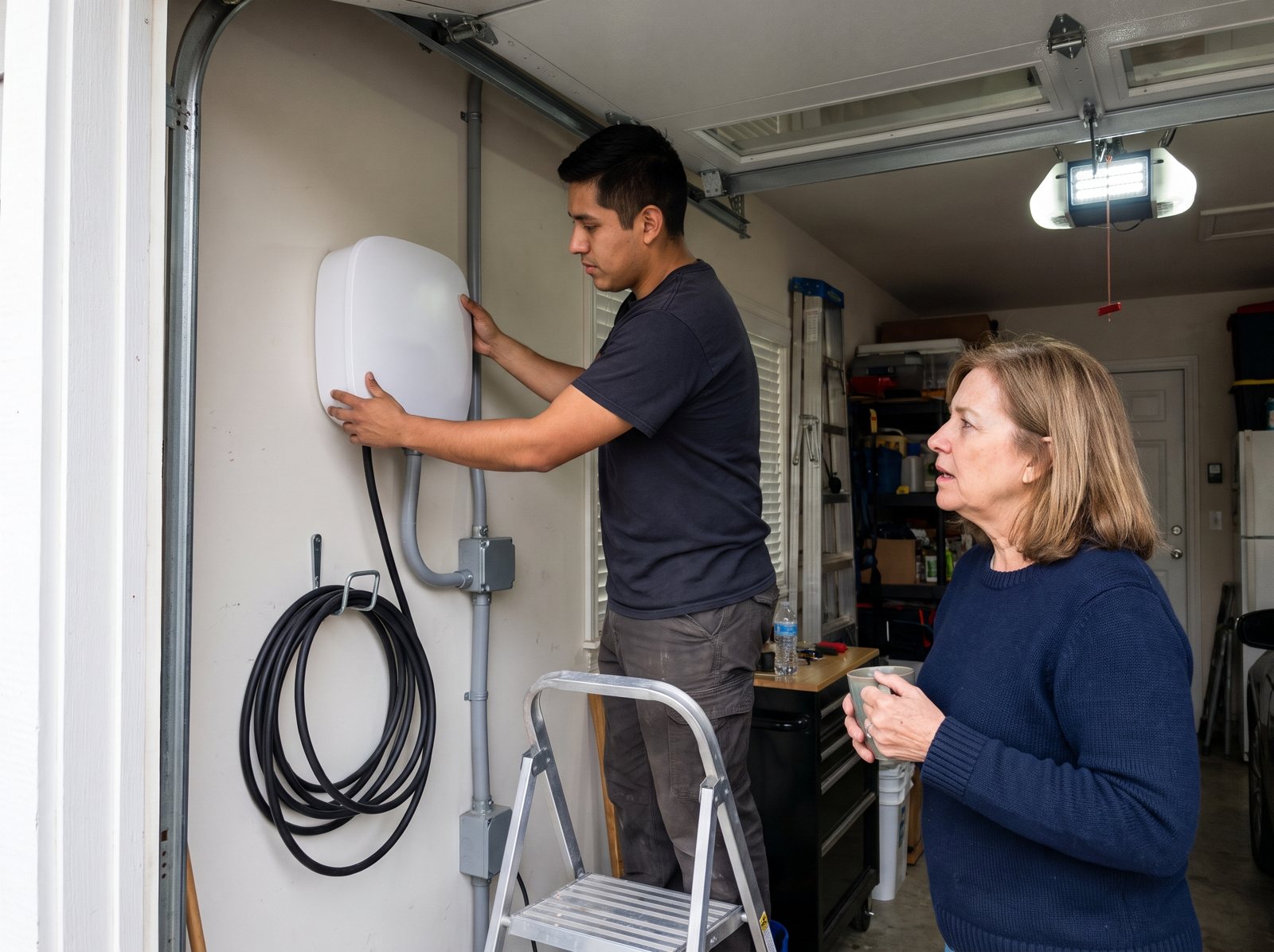 Electrician mounting a Level 2 EV charger in a garage while the homeowner asks a question