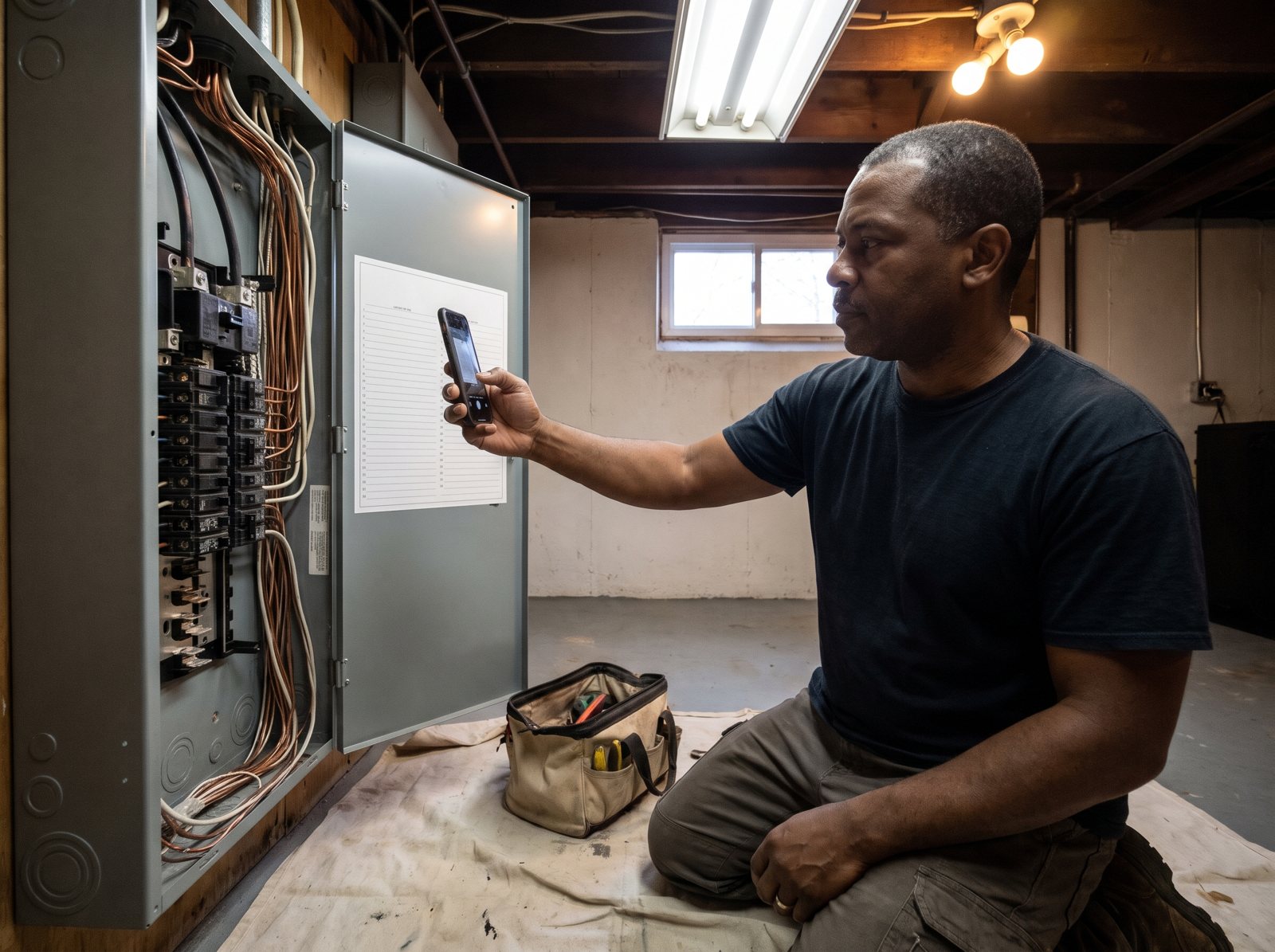 Electrician photographing a new residential panel with a labeled directory for his company website