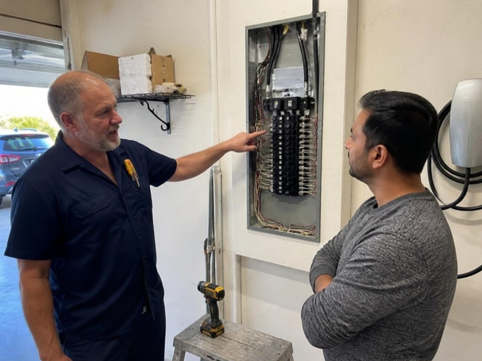 Electrician explaining a newly installed breaker panel to a homeowner in a garage with an EV charger on the wall