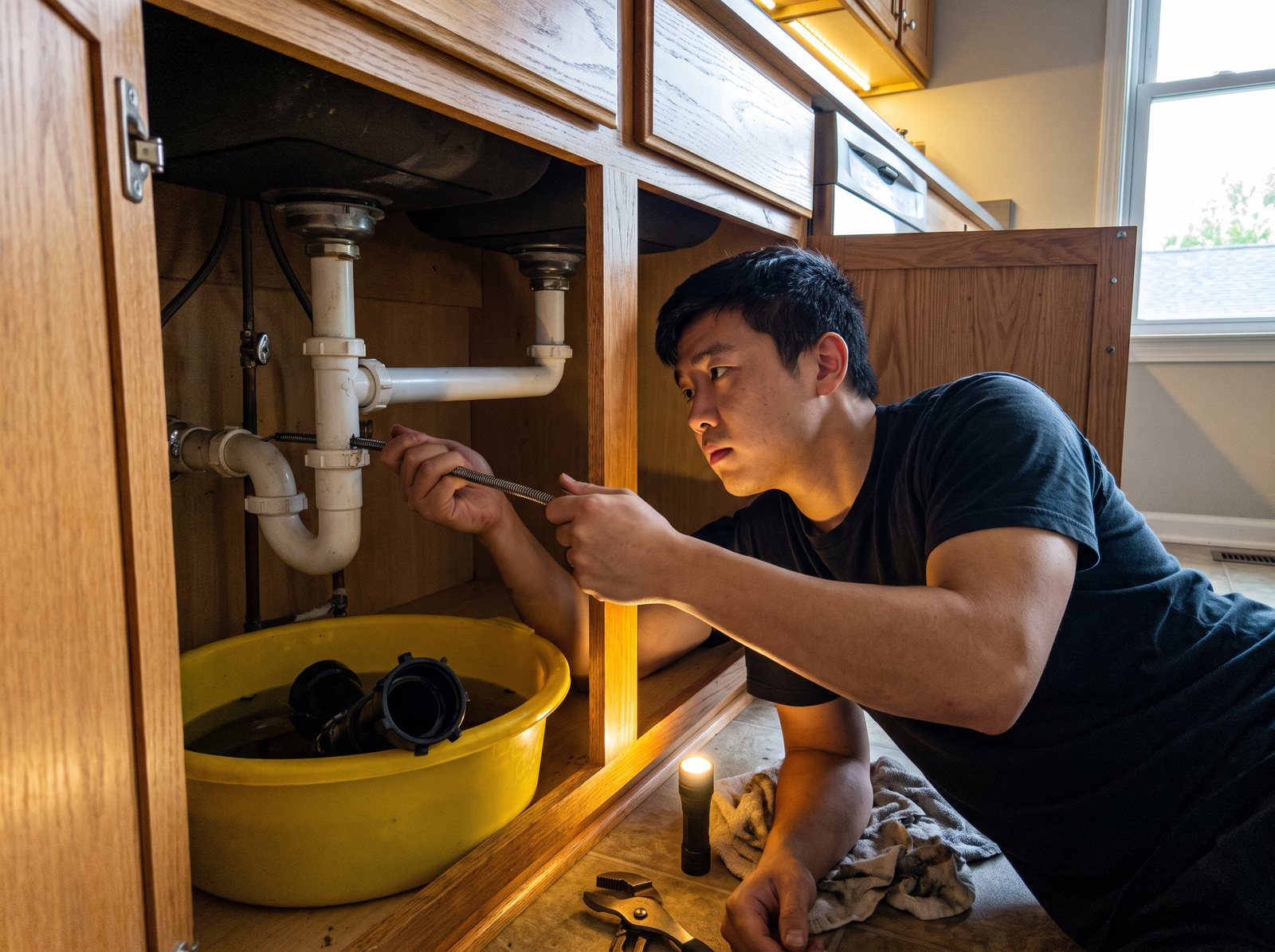 Plumber clearing a kitchen sink drain with a hand auger