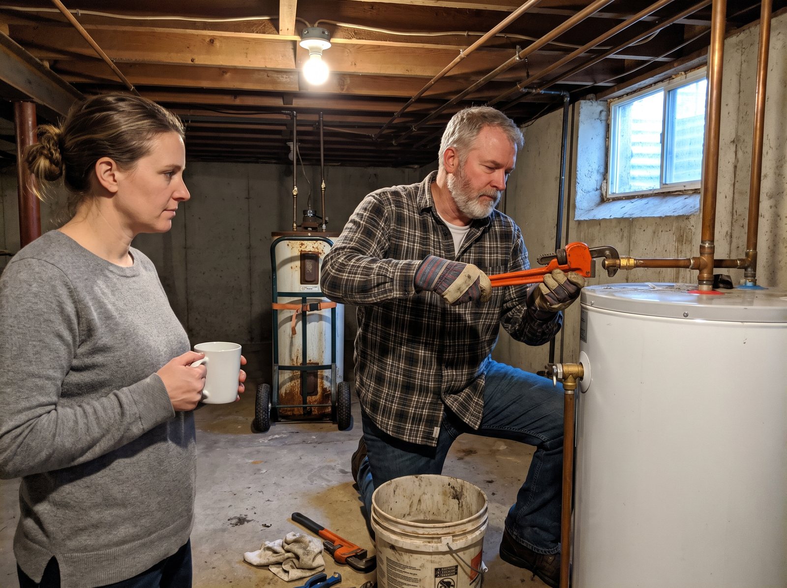 Plumber tightening a pipe on a new water heater in a basement while the homeowner watches