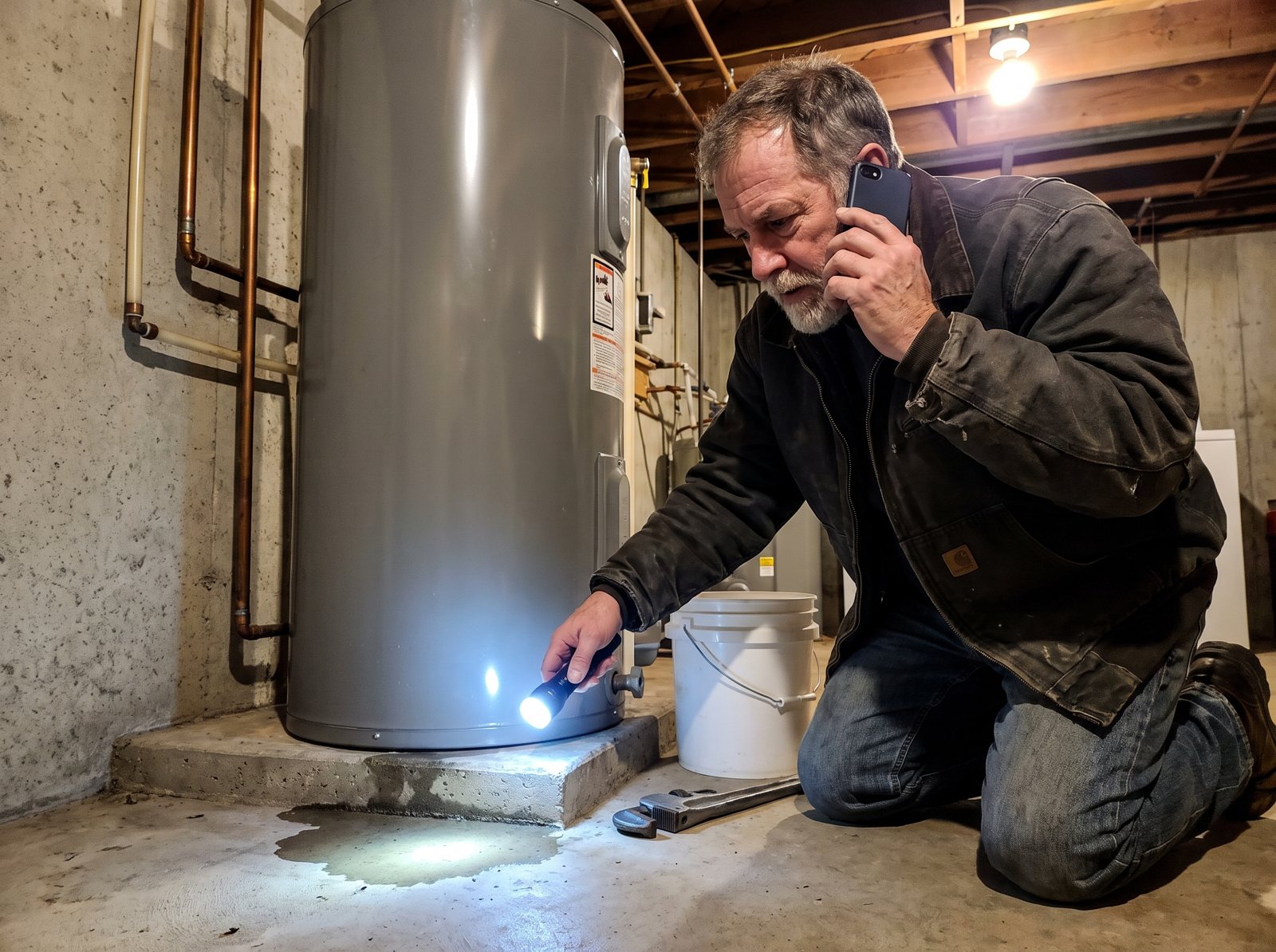 Plumber on the phone at night checking a leaking water heater in a basement