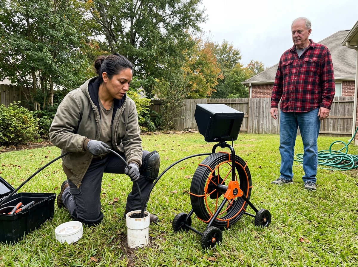 Plumber feeding a sewer inspection camera into a backyard cleanout while the homeowner watches