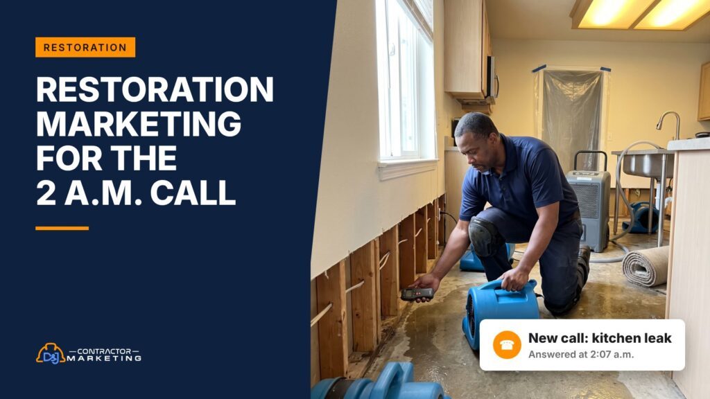 Restoration marketing: technician setting air movers and checking moisture in a water damaged kitchen