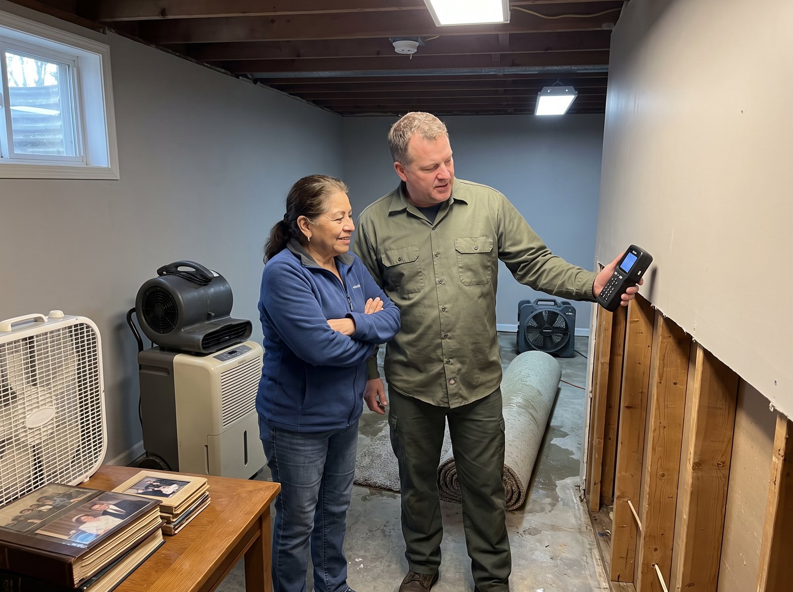 Restoration technician showing a homeowner a moisture meter reading in a flooded basement