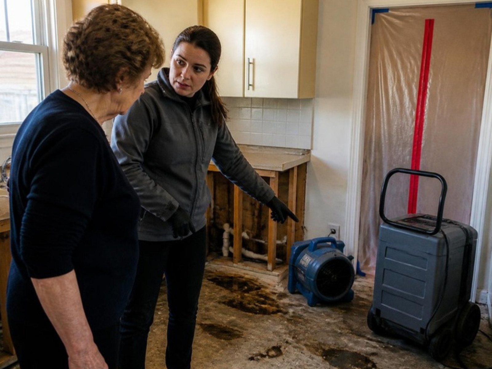 Restoration crew lead showing a homeowner the damp subfloor after a kitchen leak