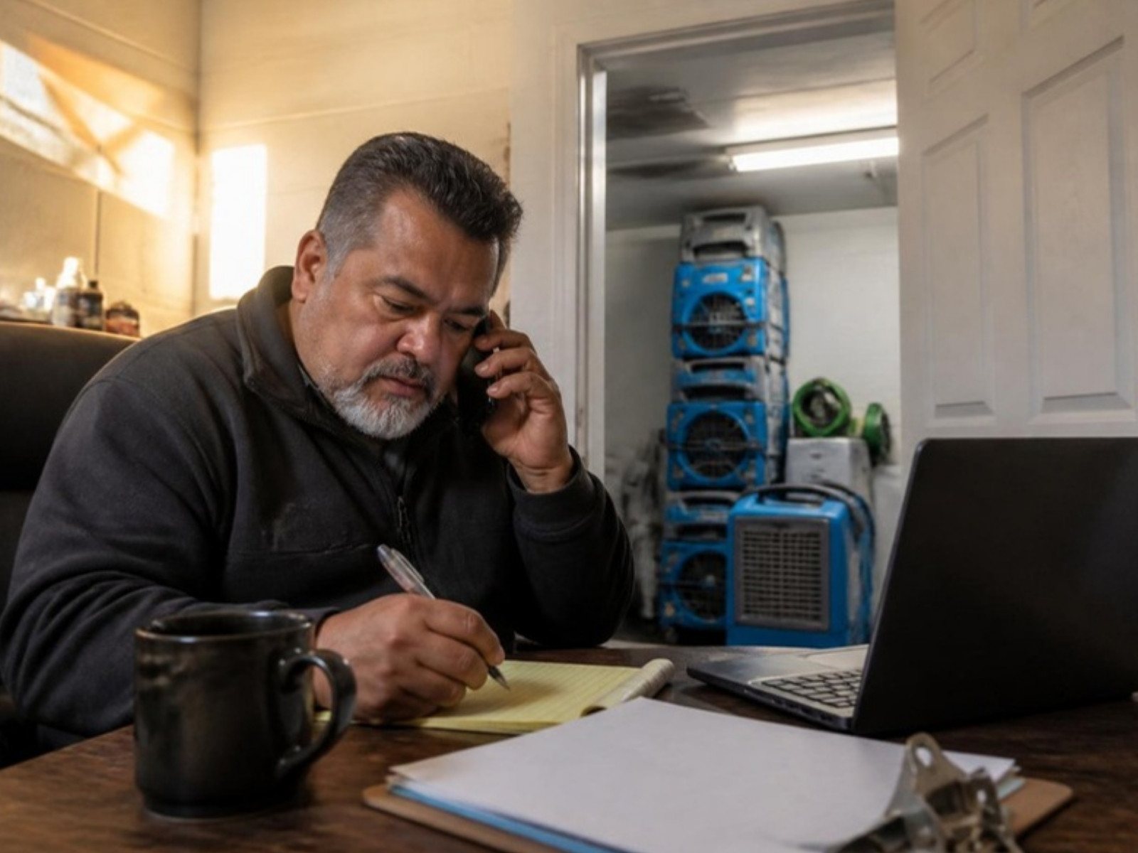 Restoration company owner taking a job call at his office desk early in the morning