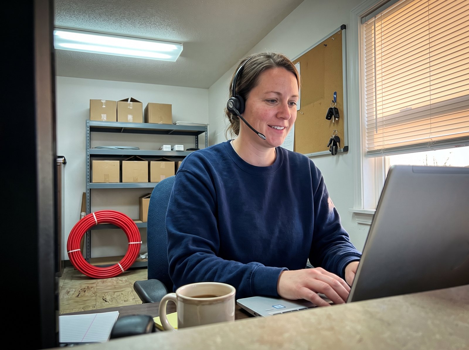 Plumbing company office manager replying to Google reviews at her desk in the morning