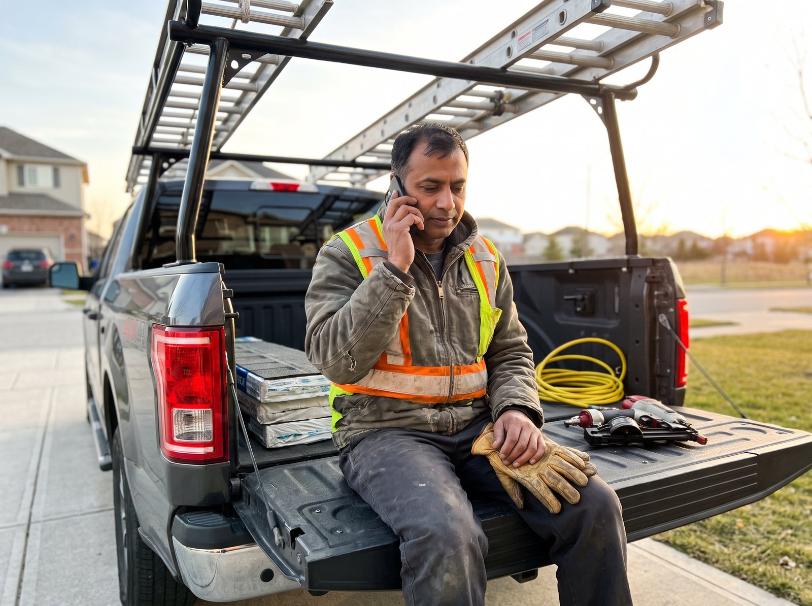 Roofing contractor on the phone with a customer about a negative review, sitting on his truck tailgate