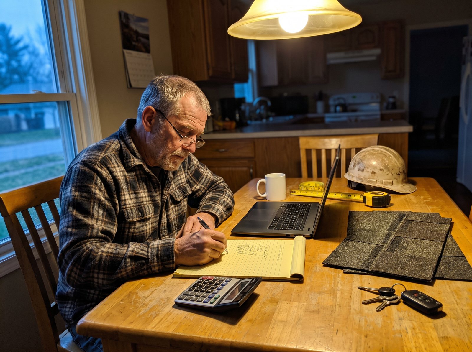 Roofing company owner at his kitchen table working out his cost per booked job with a calculator