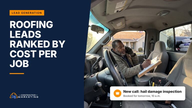 Roofing leads: roofing company owner in his truck on the phone booking an inspection at a job site
