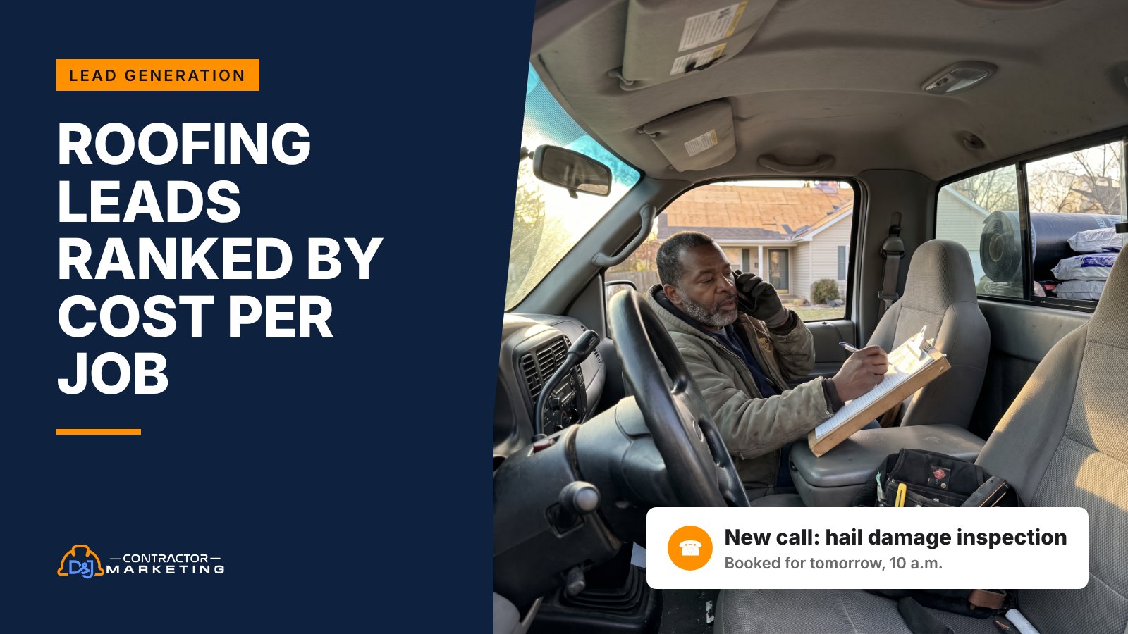 Roofing leads: roofing company owner in his truck on the phone booking an inspection at a job site