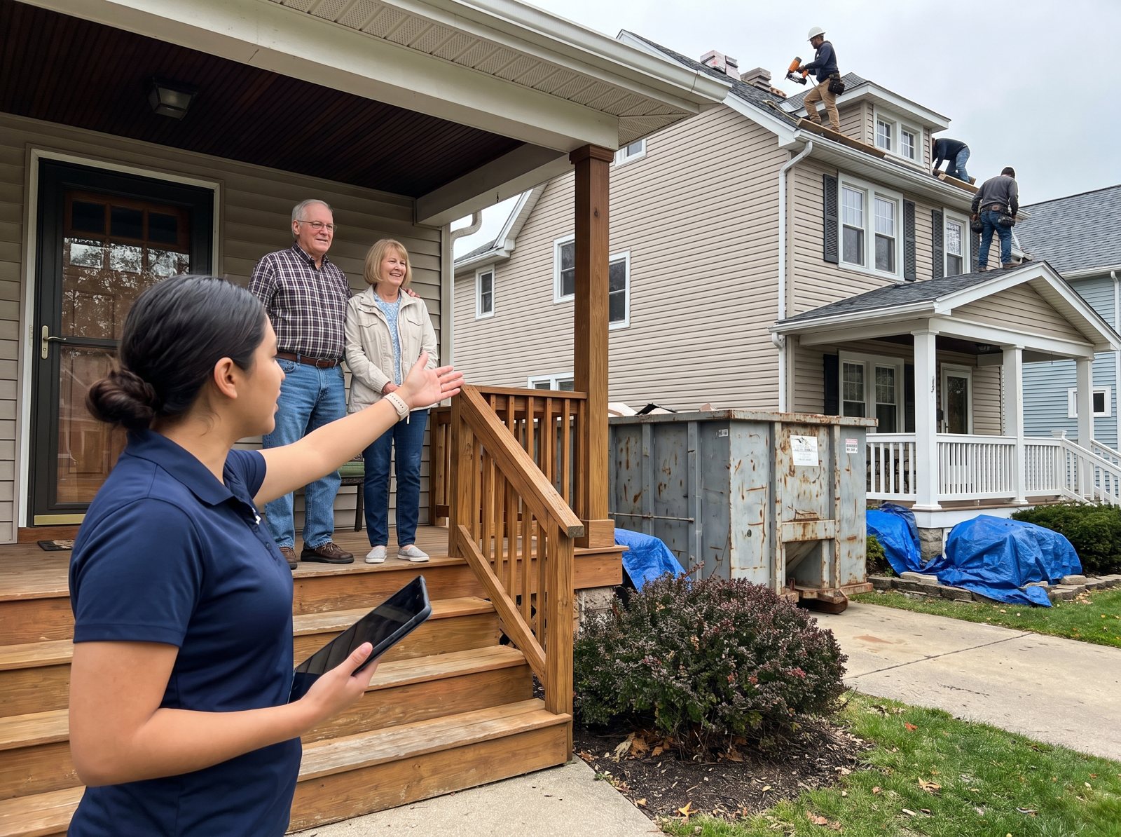 Roofing sales rep talking with neighbors on their porch while a crew replaces the roof next door