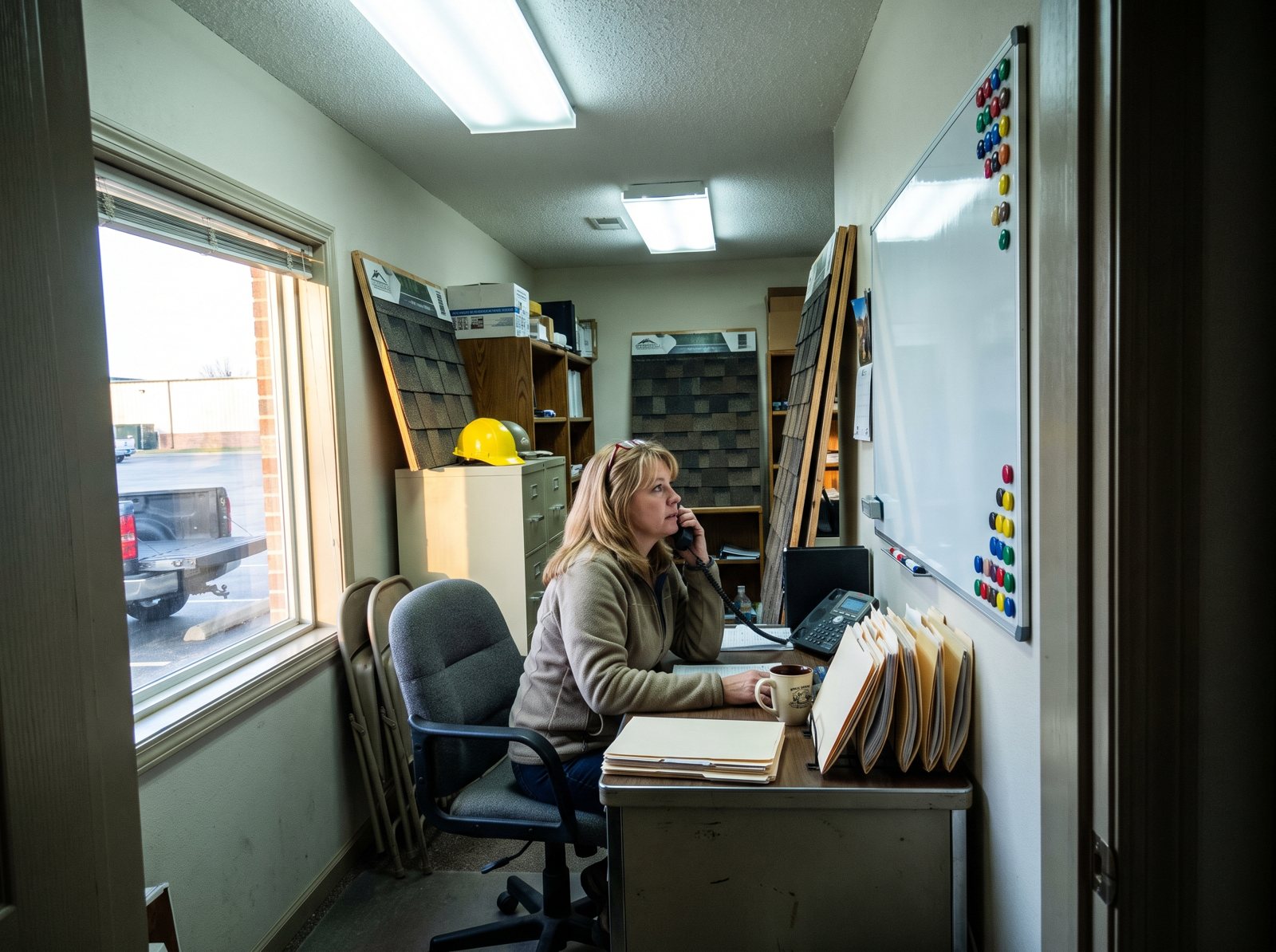 Roofing office manager on the phone booking a roof inspection for a new lead