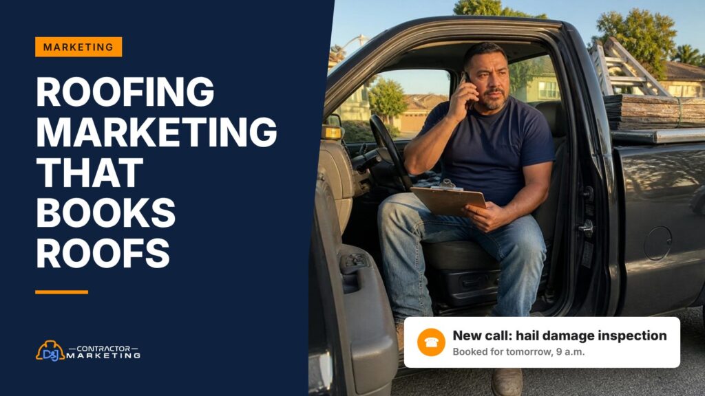 Roofing marketing: a roofing company owner taking an inspection call in his pickup truck