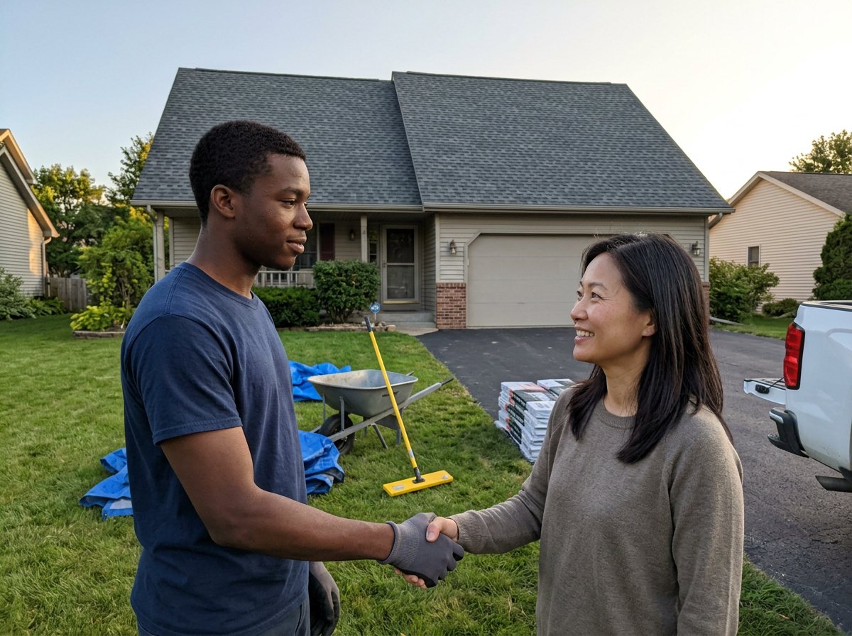Roofing crew member shaking hands with a homeowner after a finished roof replacement