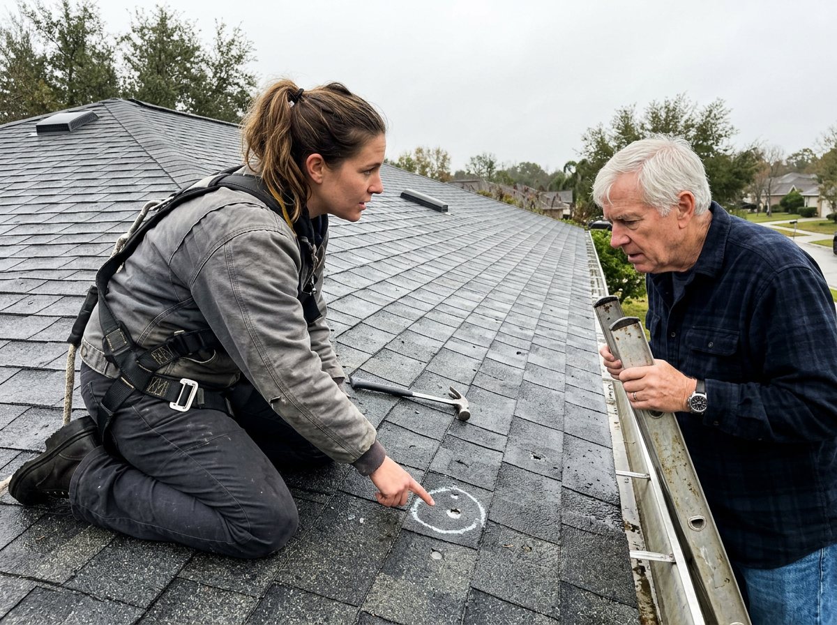 Roofer pointing out circled hail damage on shingles to a homeowner on a ladder