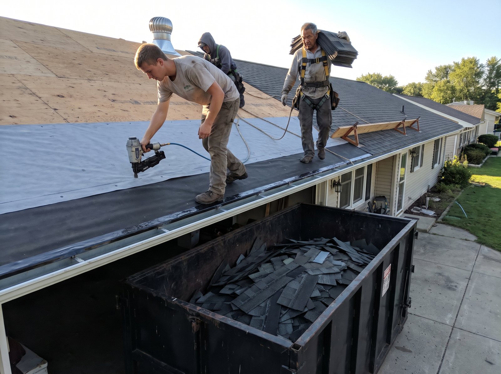 Roofing crew installing underlayment during a tear-off with a dumpster of old shingles below