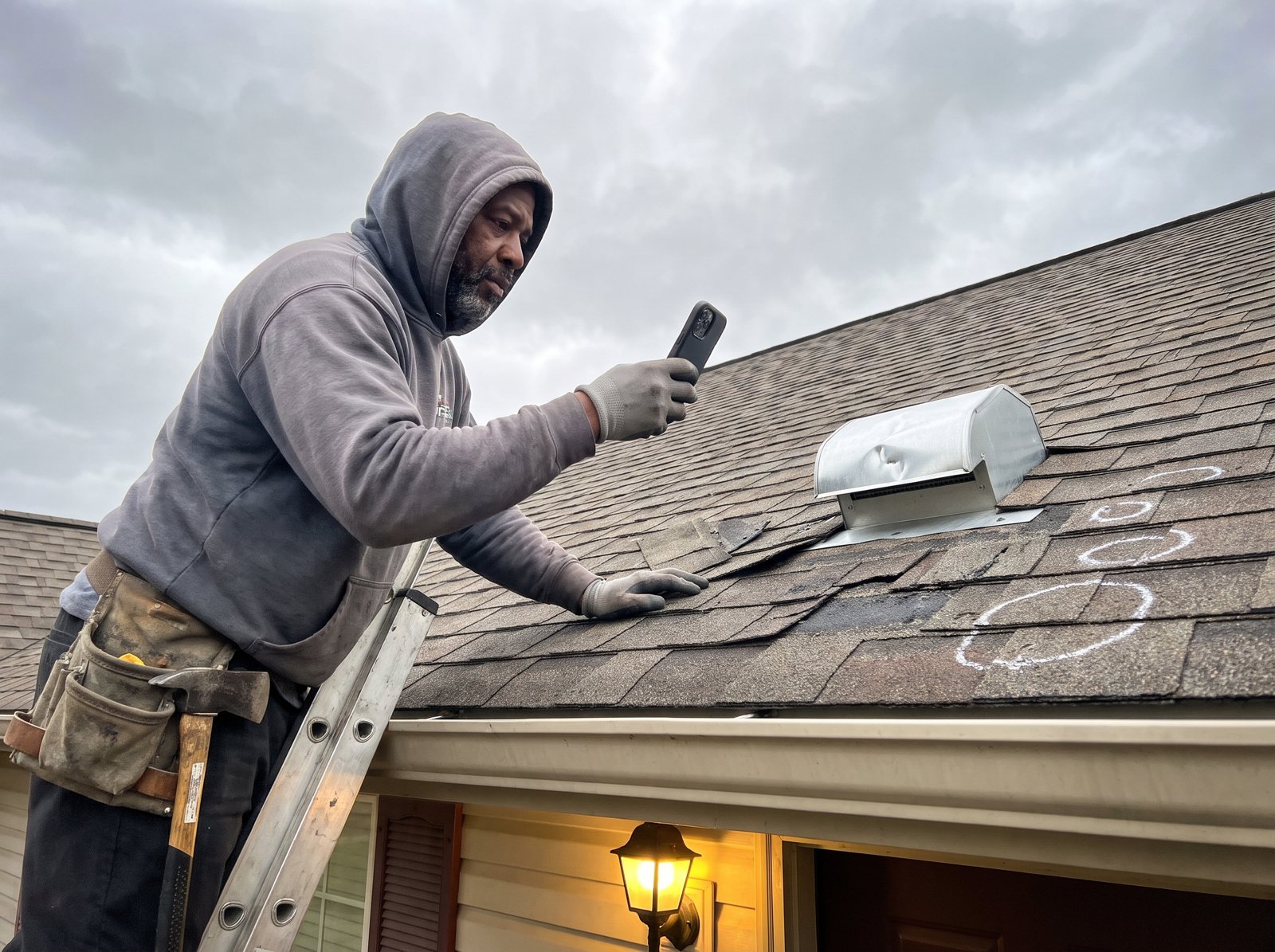 Roofer on a ladder photographing storm damaged shingles and a dented roof vent