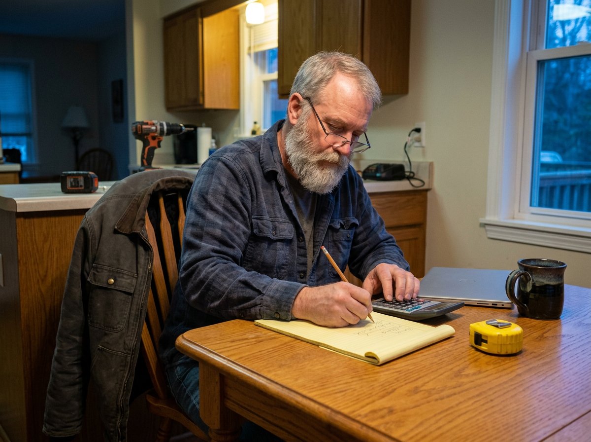 Handyman business owner working out his break-even lead price at the kitchen table with a calculator