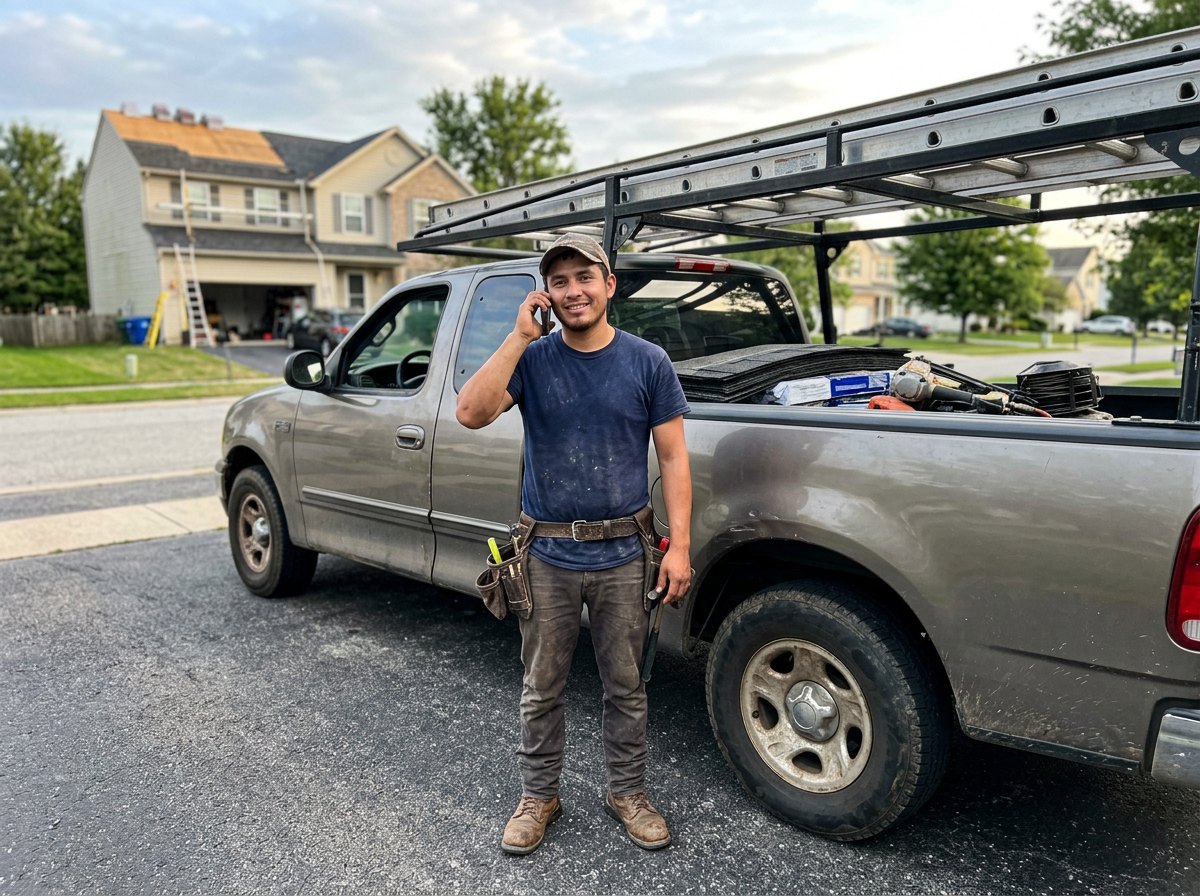 Roofer on the phone with a customer next to his pickup truck, answering a new lead fast