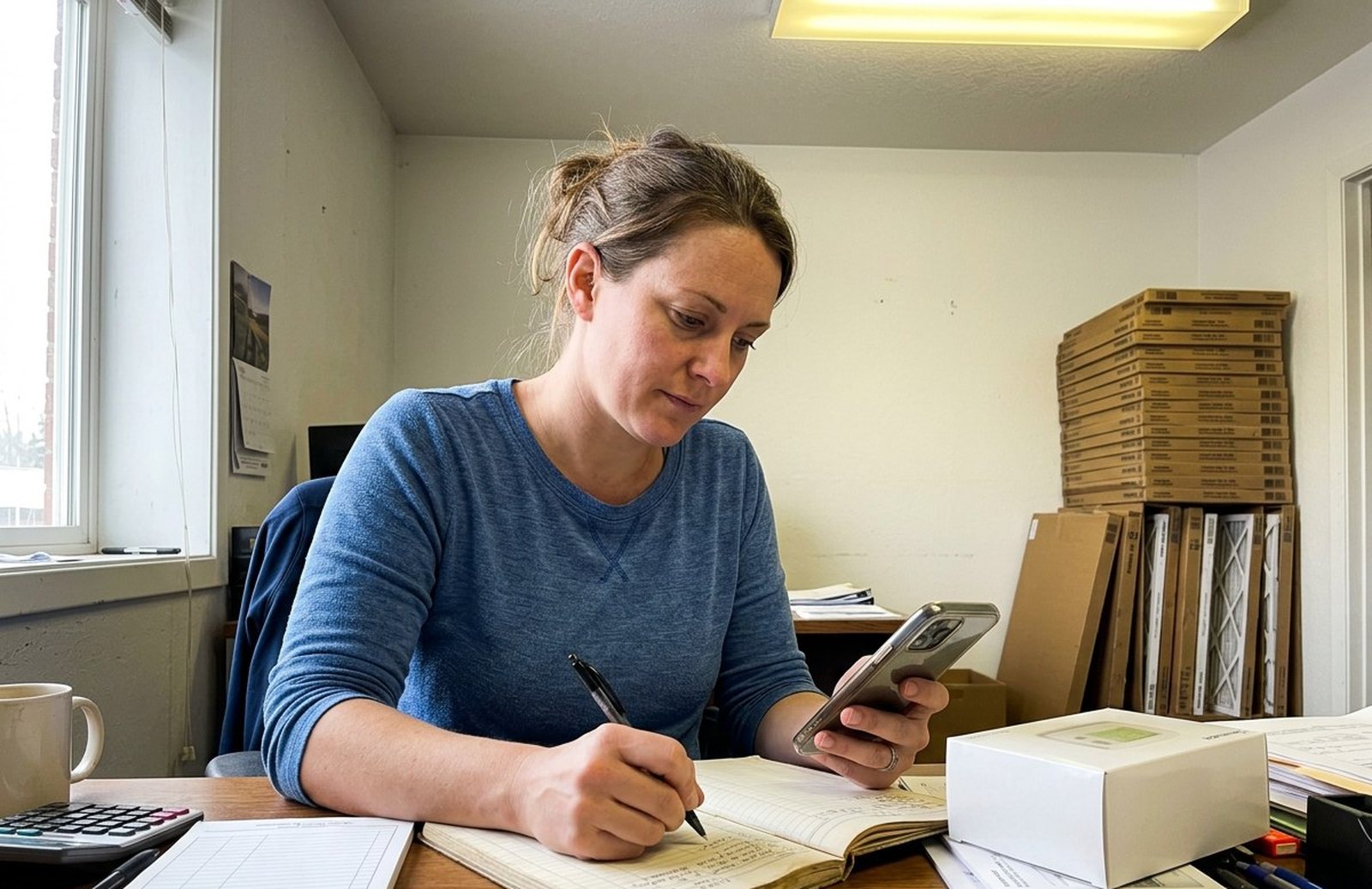 HVAC office manager logging a new lead from her phone in a paper lead log