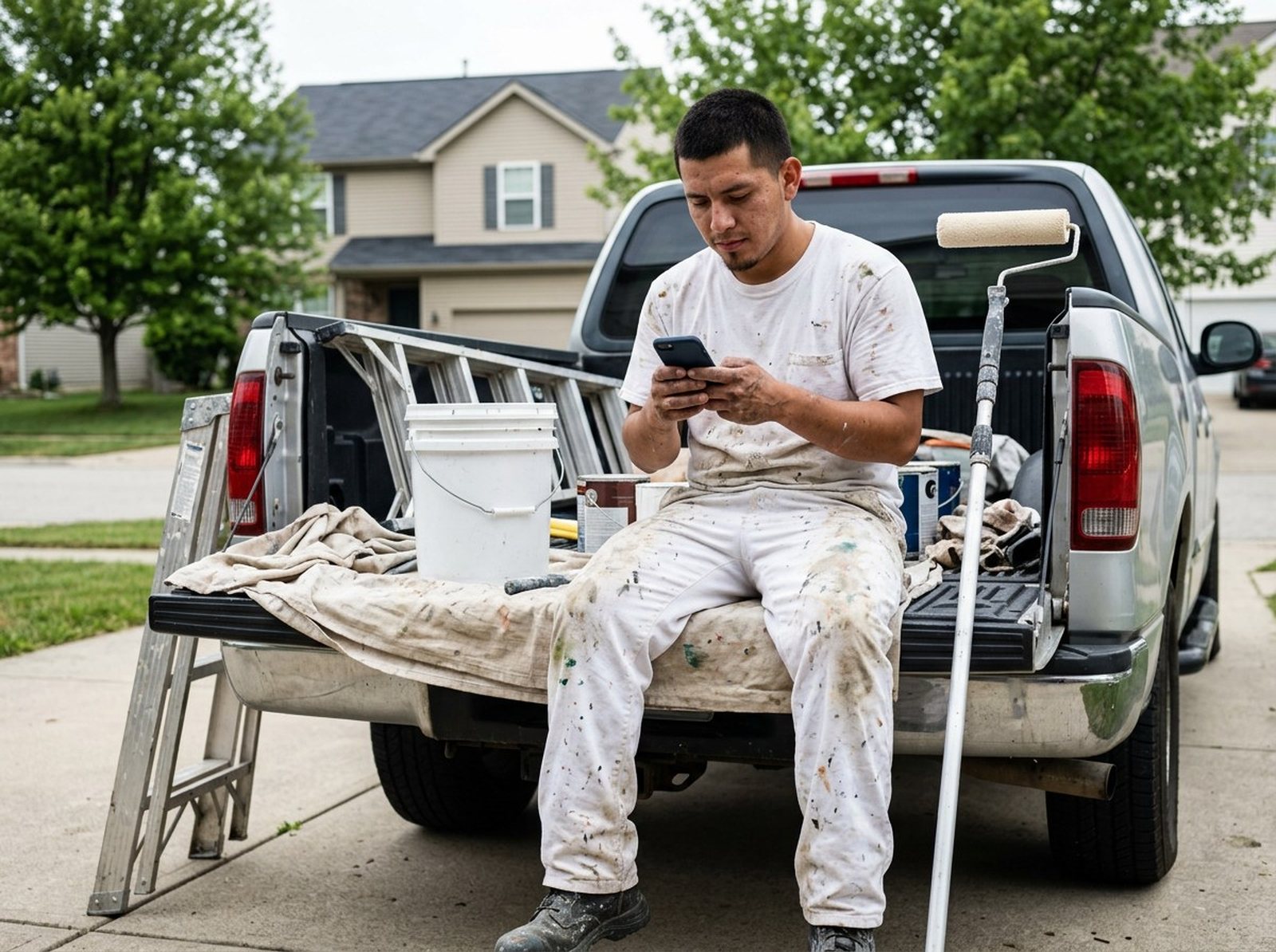 House painter on his truck tailgate replying to a new lead on his phone between jobs