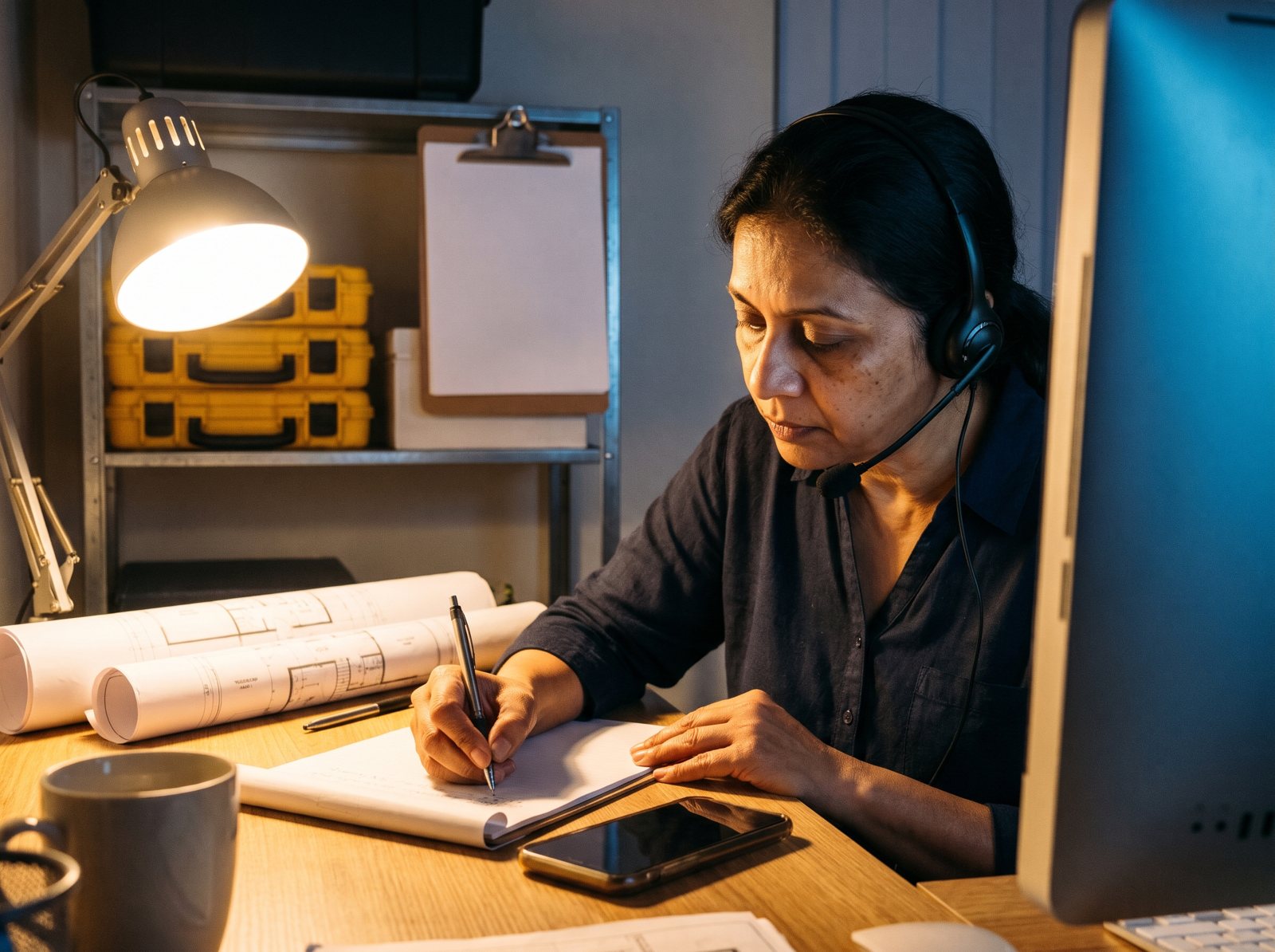 Restoration office manager with a headset taking notes on a water damage intake call at night