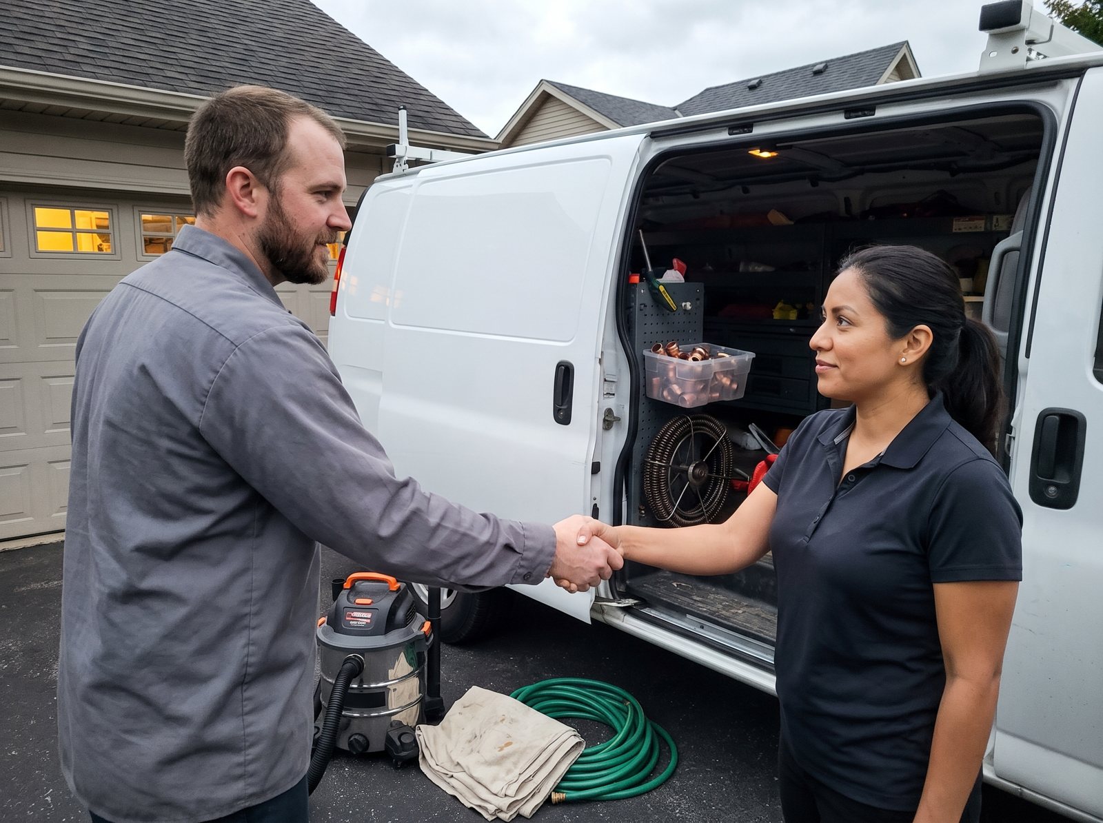Plumber and restoration crew lead shaking hands beside a work van after a water damage referral